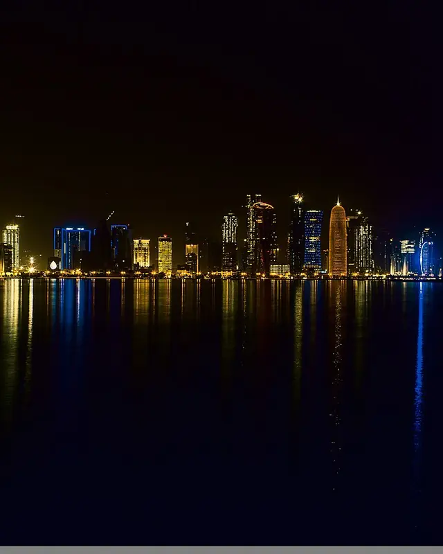 Doha's skyline lit up at night across the bay